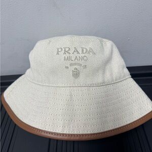 Prada Cream Bucket Hat with Brown Edge